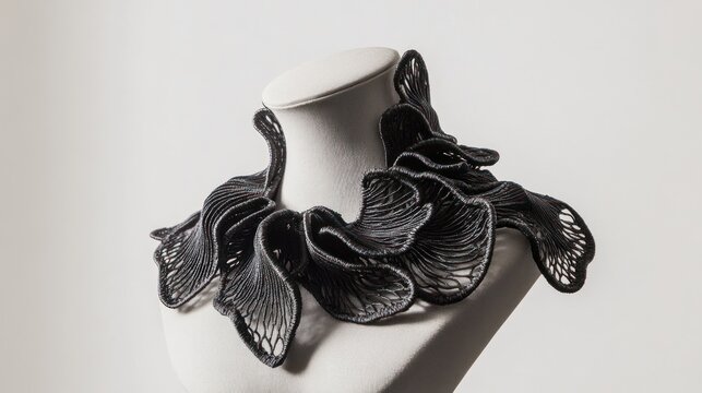 Dark, intricate necklace on mannequin