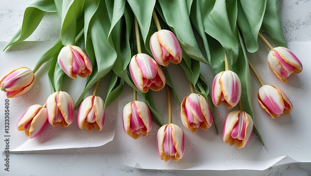 Poster artificial pink and cream tulips with green leaves arranged neatly on soft white paper creating an e