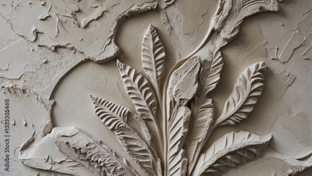 Poster elegant textured cement plaster design featuring intricately sculpted leaf patterns in soft beige to