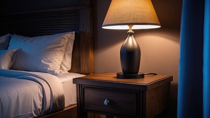 Cozy bedside table with a modern lit lamp casting warm light in a dimly lit hotel room featuring white pillows and wooden furniture.