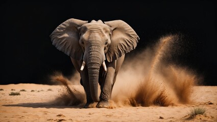 Fototapeta premium Majestic elephant charging through a sandy landscape with dust swirling around, against a dramatic dark background, showcasing strength and grace.