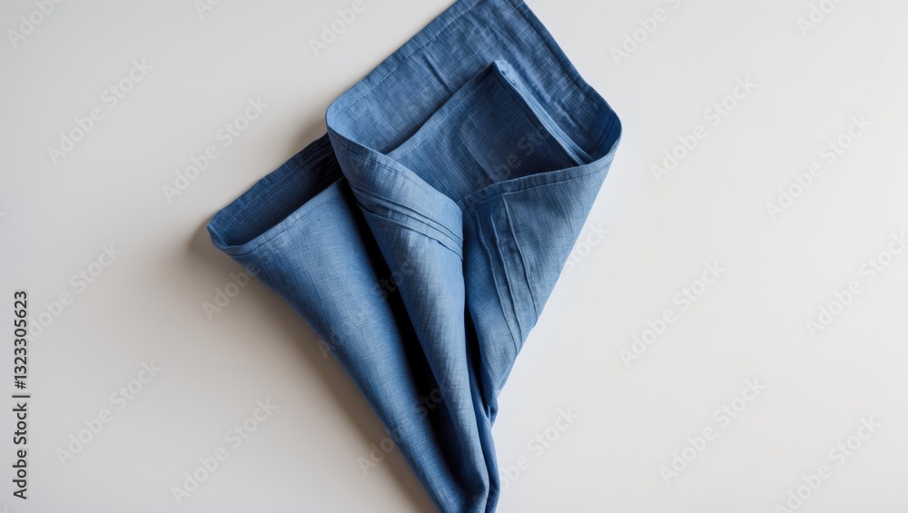 Poster blue fabric napkin neatly folded in triangular shape, positioned on plain white background, showcasi