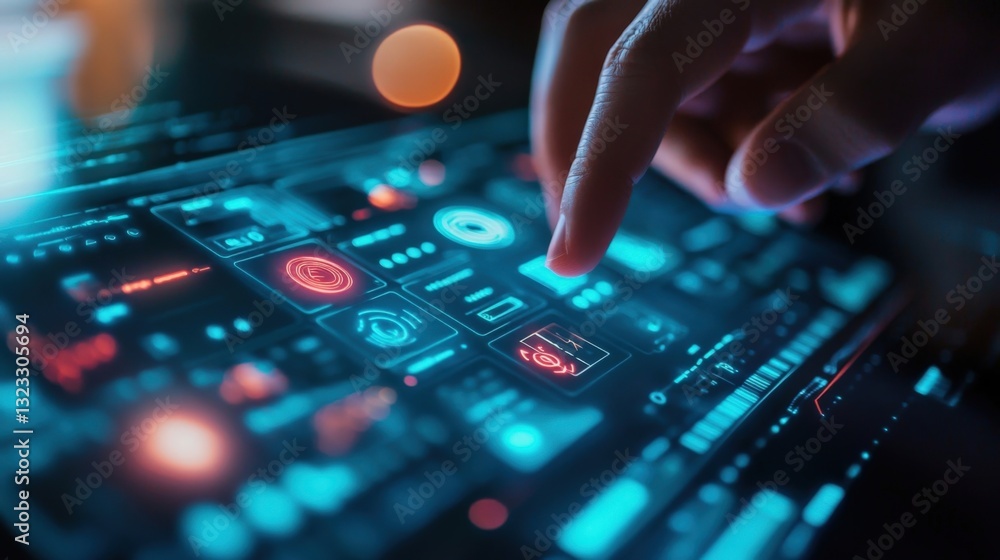 Poster close up of a businessmans finger touching a transparent tablet, interacting with a holographic inte