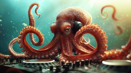 Obraz premium Octopus mixing music on a DJ turntable underwater.