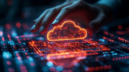 Hand interacting with cloud computing infographic: technology icons illustrating centralized collection of lifestyle and confidential data in a digital cloud ecosystem