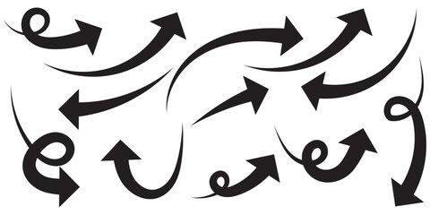 Black curved arrows icons set. Arrow sign in flat style. Wind movement image, process repeat symbol, rotation. 1176