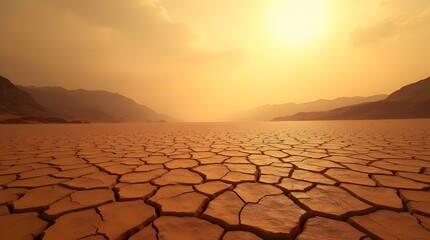 A Desolate Landscape Under A Harsh Sun, Depicting The Devastating Effects Of Drought On The Earth, With Cracked, Parched Land Stretching To Distant Mountains Under A Fiery Sunset
