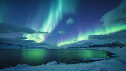 Naklejka premium Majestic northern lights illuminating a dark blue night sky with vibrant green and purple hues above a tranquil icy water landscape