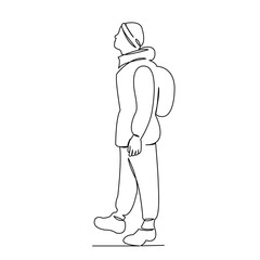 One continuous single drawing line art flat doodle drawing, tourist, people, mountain, male, tourism, woman. Isolated image hand draw contour on a white background
