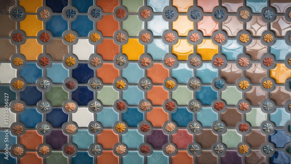 Poster multi-colored ceramic floor tiles in a scandinavian style featuring hexagonal and octagonal shapes i