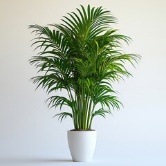 Vibrant green areca palm in white planter against a soft beige background