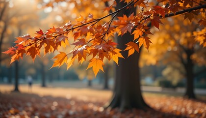Autumnal symphony: Golden maple leaves in a tranquil park landscape