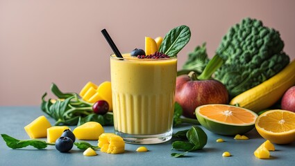 Nutritious yellow smoothie in a glass garnished with fruit on a pastel table surrounded by vibrant yellow vegetables and fruits creating a wellness theme
