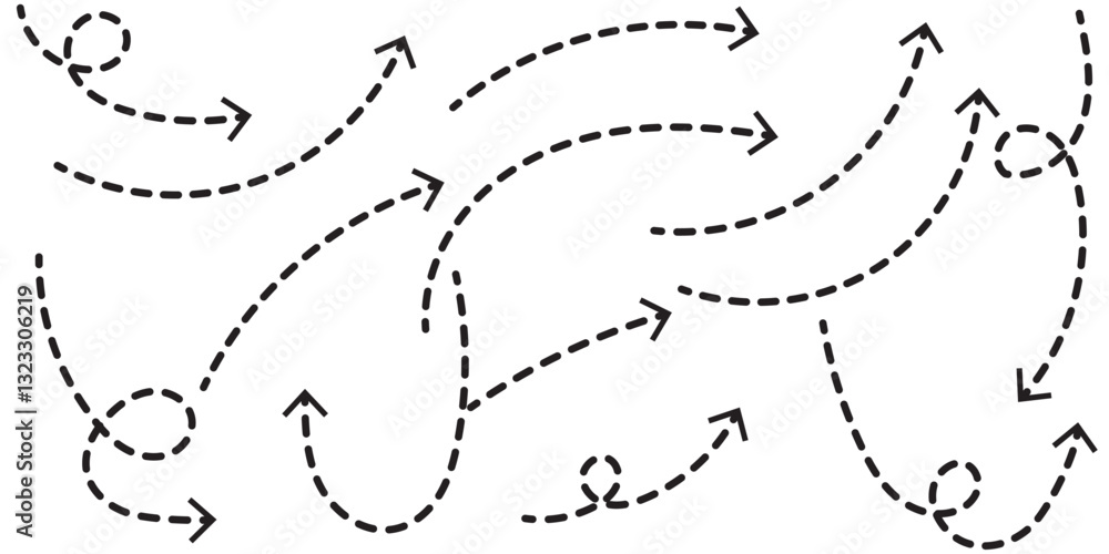 Poster dashed arrow set. vector doodle dot line. dotted hand drawn arrow. doodle arrows of various shapes a