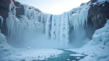 A Majestic Frozen Waterfall In Iceland, A Breathtaking Winter Spectacle Of Cascading Ice And Ethereal Mist Under A Pale Winter Sky