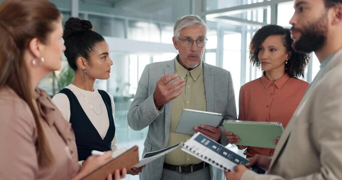 Mentor, meeting and planning with business people in office for coaching, idea and advisor. Teamwork, training and tablet with employees in agency for collaboration, project management and proposal