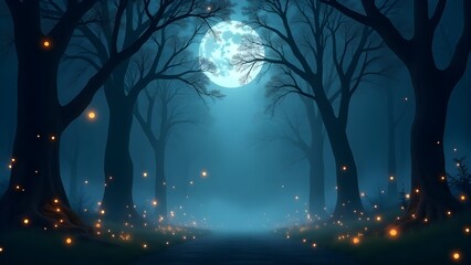 A Moonlit Path Winds Through An Enchanted Forest, Glowing Fireflies Illuminating The Mystical Scene Under A Large Full Moon, Creating An Ethereal Atmosphere