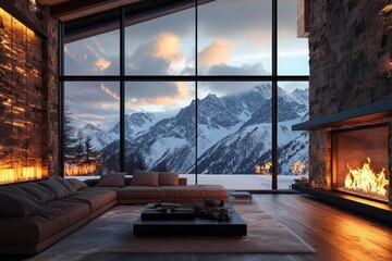 Modern living room with panoramic mountain view. Showcase luxurious comfort & breathtaking scenery for travel or real estate.