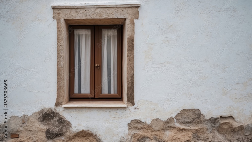 Aufkleber brown window on a textured white wall featuring visible stone elements with a curtain, centered and 