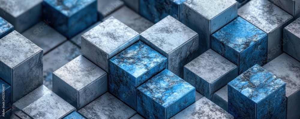 Poster abstract blue and grey cubes: a 3d rendering of interlocking geometric shapes