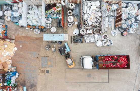 Aerial View Industrial Recycling Facility Material Sorting Yard