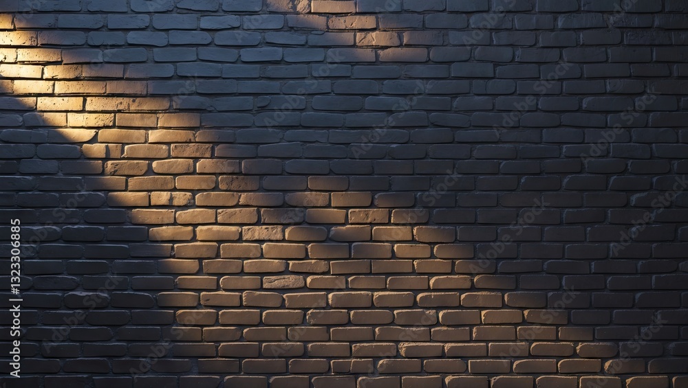 Poster black brick wall texture illuminated by a warm gradient of sunlight from top left to bottom right, c