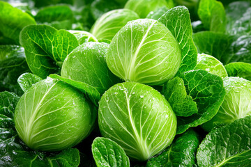 Fototapeta premium Fresh green cabbages with water droplets on leaves, showcasing vibrant colors and textures, perfect for healthy meals and salads