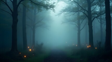 A Mystical Path Winding Through An Enchanted Forest, Veiled In Ethereal Mist And Illuminated By Soft Glowing Lights, Creating A Serene And Mysterious Ambiance
