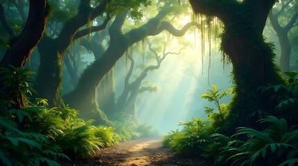 A Mystical Path Winds Through An Ancient, Emerald Rainforest, Bathed In The Soft, Ethereal Glow Of Dawn, Revealing A Hidden Sanctuary Of Peace And Tranquility