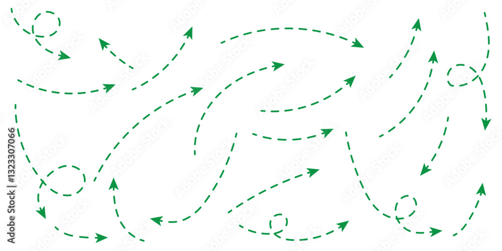 Poster dashed arrow set. vector doodle dot line. dotted hand drawn arrow. doodle arrows of various shapes a