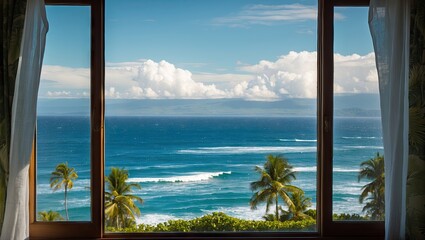 Ocean view from a wooden window with white curtains in Hawaii, showcasing vibrant blue waters, white clouds, and lush green palm trees.