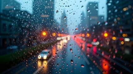 A Rainy City Night Viewed Through A Rain-streaked Window, Blurring The Vibrant Lights And Traffic Into A Dreamy, Melancholic Scene
