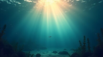 A Solitary Diver Explores The Serene Depths Of The Ocean, Bathed In A Mystical Golden Sunlight Piercing Through The Waters Surface, Creating An Ethereal Underwater Scene