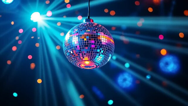 A glittery disco ball reflects bright party lights, casting a shiny sphere of dance and celebration