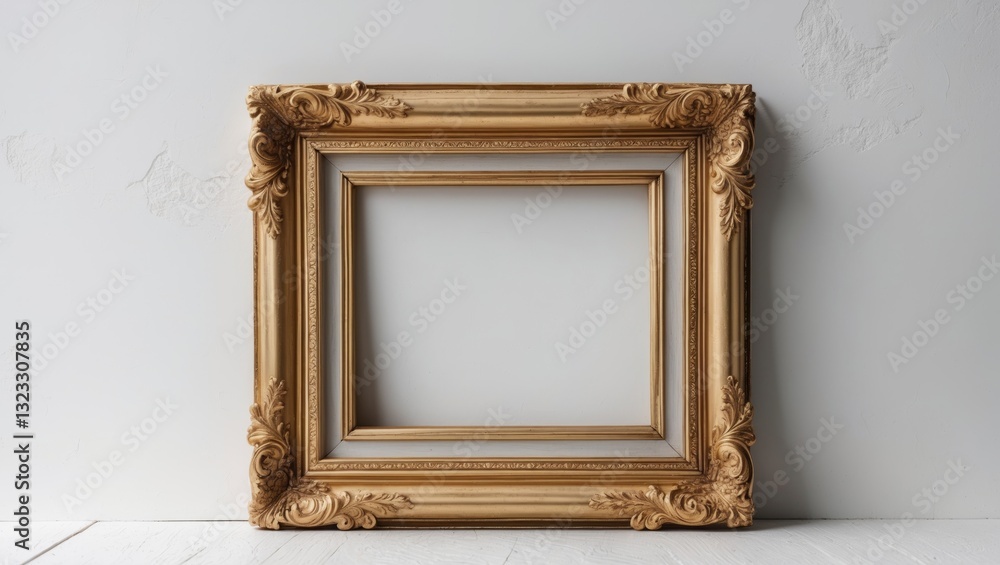 Poster elegant vintage gold frame centered on a soft white background with subtle texture, showcasing intri