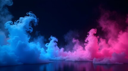 A Vibrant Dreamscape Of Swirling Blue And Pink Nebulae Floating Serenely Above A Reflective Surface With Dramatic Lighting