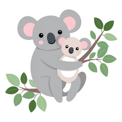 Mother and Baby Koala Hugging on a Tree Branch for Happy Mothers Day PNG