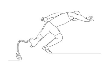 Continuous line of male amputee athlete runner with prosthetic legs run with motivation and passion competition. Single sketch drawing vector illustration 