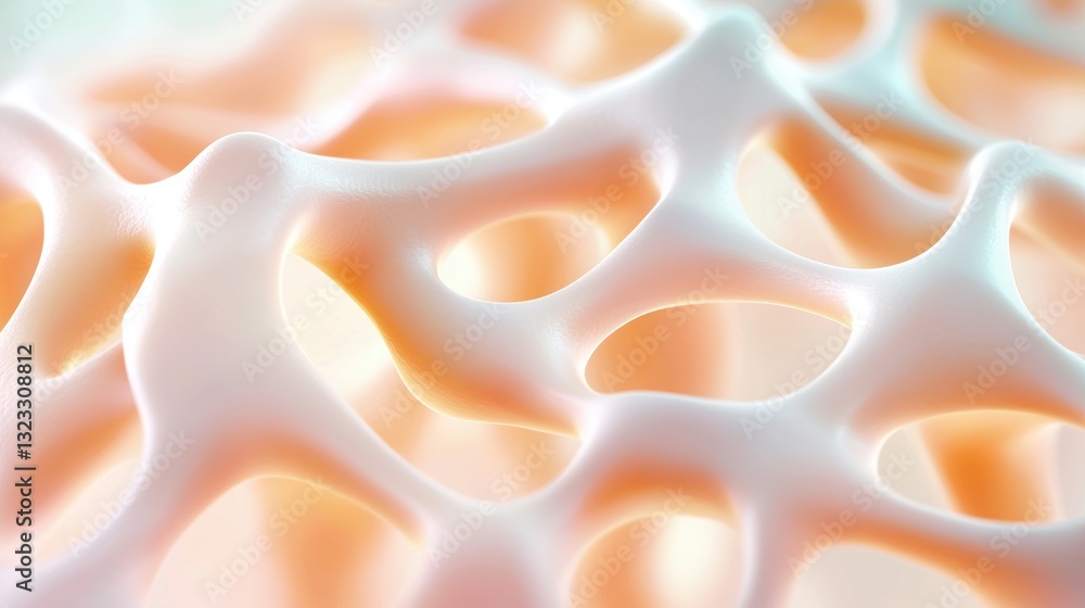 Poster a close-up view of a textured, organic structure with soft, interconnected shapes in a light, pastel