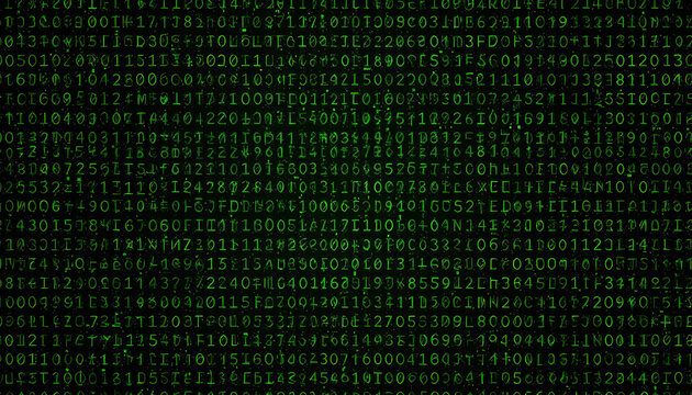 Glowing Green Digital Code Matrix Background with Abstract Cyber Data Flow, Binary Numbers, and Futuristic Hacking Concept: Sci-Fi Cybersecurity and AI Technology Design
