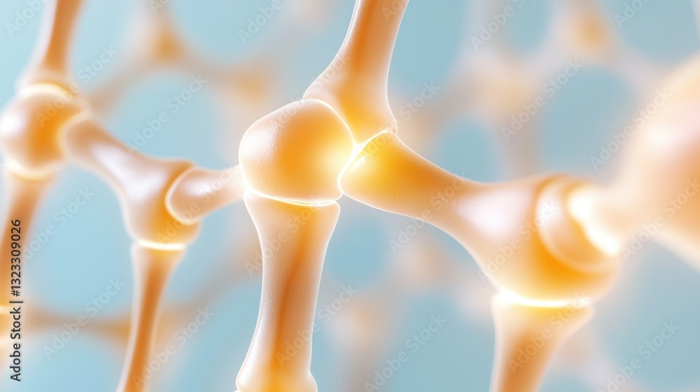 Poster a close-up illustration of a joint structure, showcasing interconnected bones with a glowing effect 