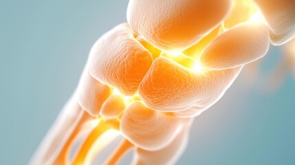 A close-up, digital illustration of a glowing joint, showcasing its anatomy with a focus on the bones and cartilage.