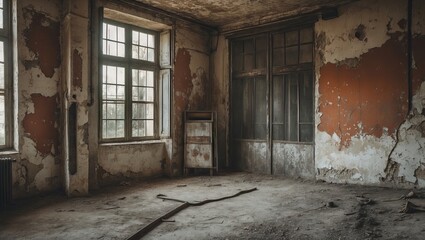 Abandoned industrial room featuring distressed orange and gray walls with peeling paint, large windows allowing soft natural light, and dusty floors.