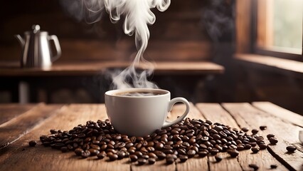 A steaming cup coffee rests a pile roasted coffee beans a rustic wooden table.