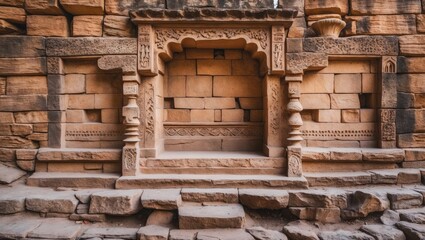 Intricately carved ancient sandstone wall with inlaid details, warm earthy tones, centered alcove, and stone steps leading to a historical backdrop.