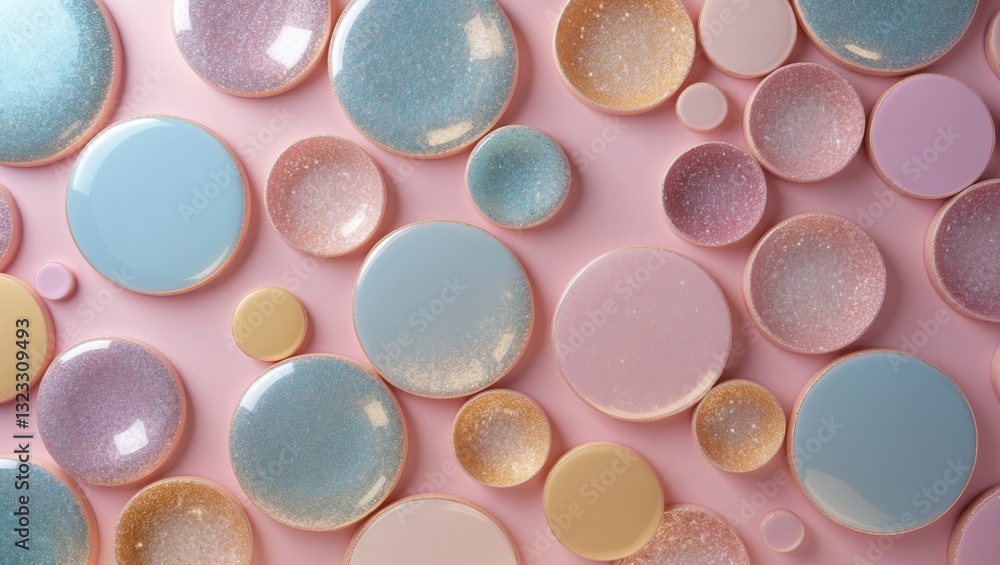 Poster pastel circles in soft pink and blue tones create a shimmering textured backdrop with glossy finishe