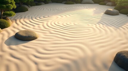 Serene Ripples In A Sun-drenched Zen Garden, Showcasing The Tranquility Of Raked Sand And Carefully Placed Stones, Evoking Peace And Mindfulness