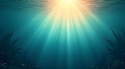 Sunbeams Pierce The Deep Oceans Mystery, Illuminating Silent Underwater Plants In A Serene, Teal-hued Dreamscape