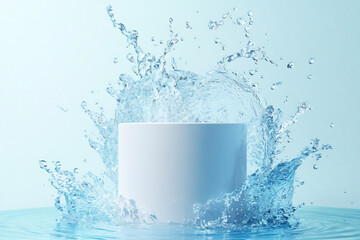 Minimalist white cylinder podium emerging from water with a dramatic splash effect against a light blue background. Ideal for skincare, cosmetics, and refreshing product branding