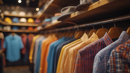 Obraz premium Colorful Men s Shirts Hats on Wooden Rack in Clothing Store